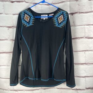 Panhandle Slim Women's Top SZ L Pullover Long Sleeves Western Boho Black Blue